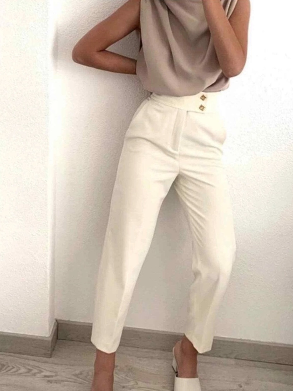 ZARA ECRU HIGH RISE METAIL BUTTON DETAIL PANT TROUSERS